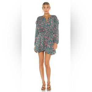 Free People NWT Flower Fields Mini Dress Emerald Button Front Flowy- Size Medium